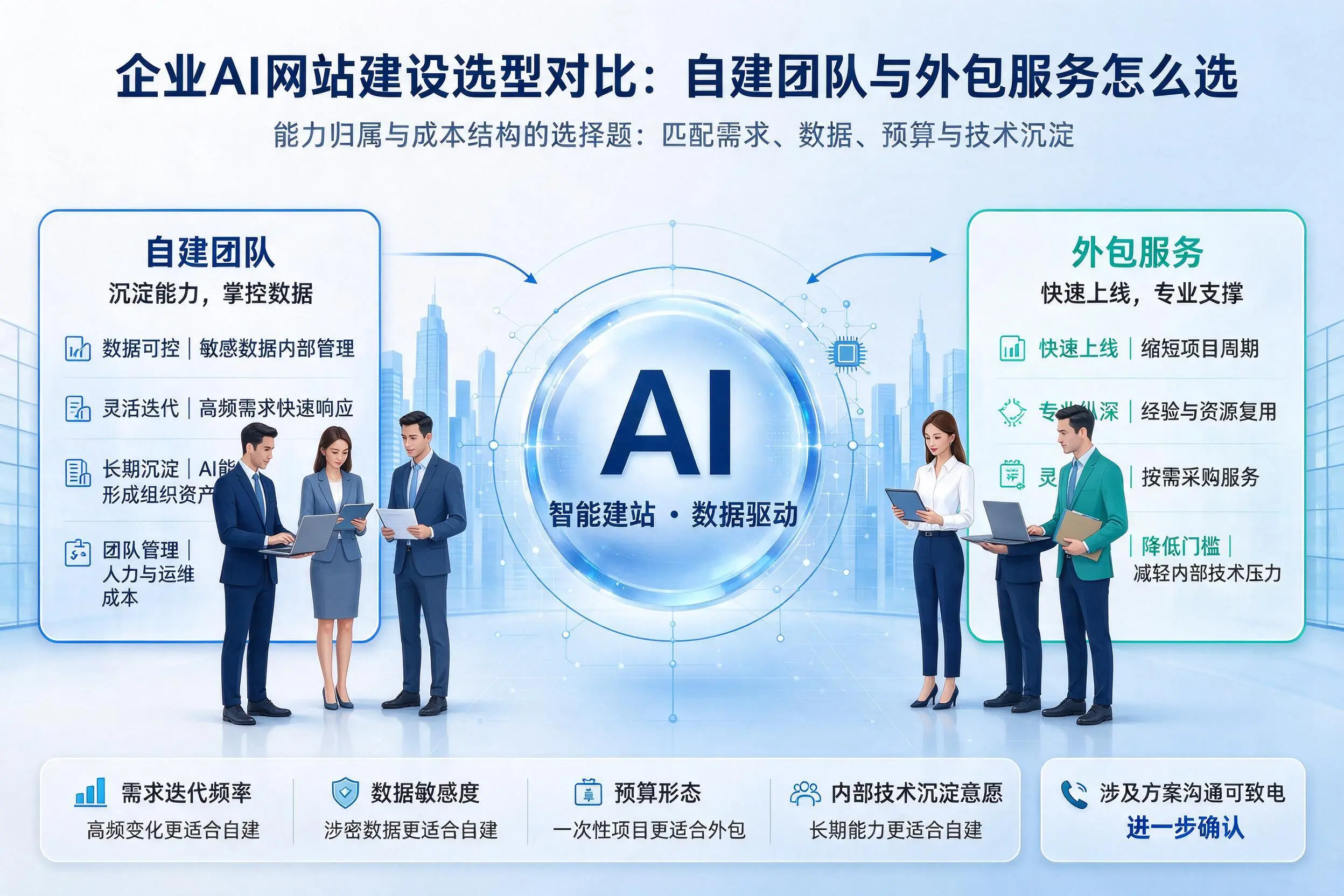 辽源企业AI网站建设选型对比:自建团队与外包服务怎么选